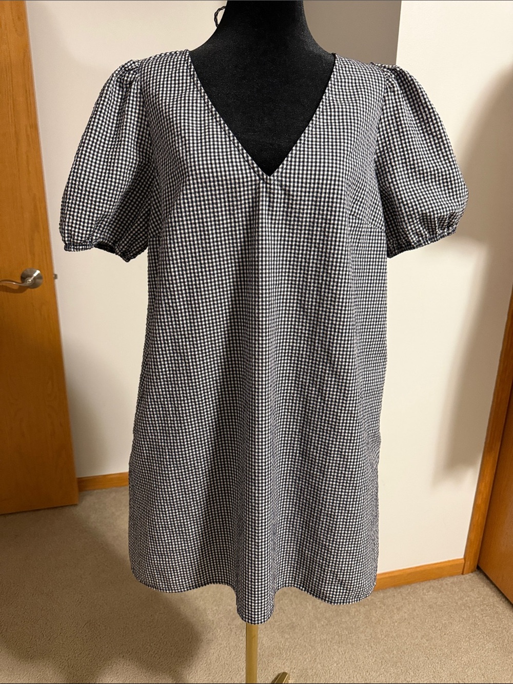 a new day Black & White Gingham V-Neck Puff Sleeve Mini Dress
